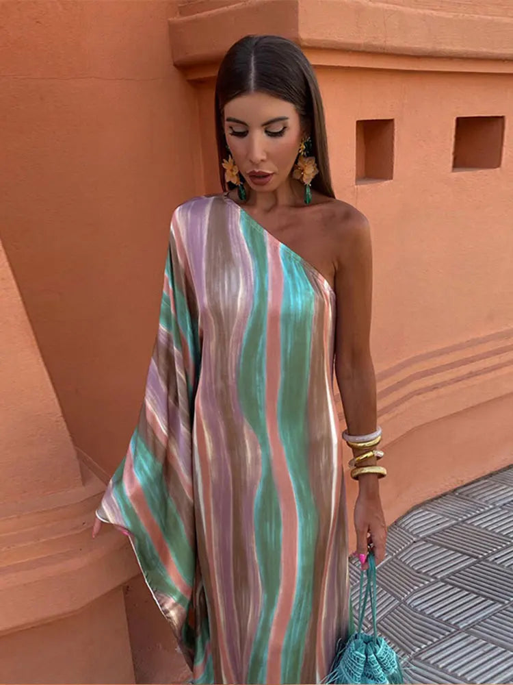 Women Colorful Striped Tie Dye One Shoulder Dress Fashion Diagonal Collar Long Sleeve Dresses 2024 Female High Street Vestidos