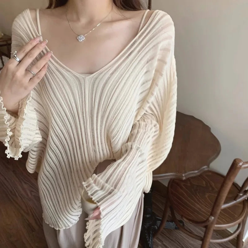 Sexy Chic Sweet Knit Blouse Women Y2k V Neck Loose Casual Shirts Women Office Ladies Tops Elegant Solid Clothes Jumpers 29126