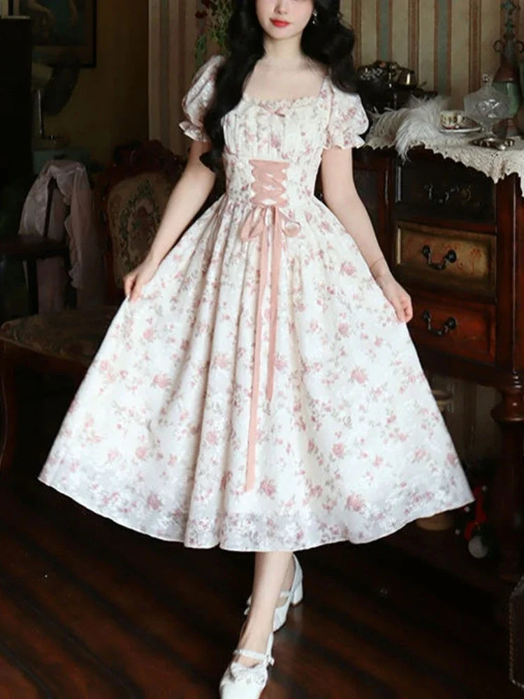 Summer Korean Fashion Lace Fairy Dress Women Square Collar Princess Kawaii Floral Print Dress Female Bandage Sweet Dress 2024