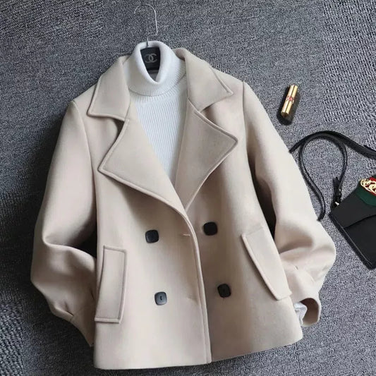 2023 New Autumn Winter Woolen Coat Women Short Slim Fashion Double-Breasted Suit Collar Cardigan Jacket Female Outerwear