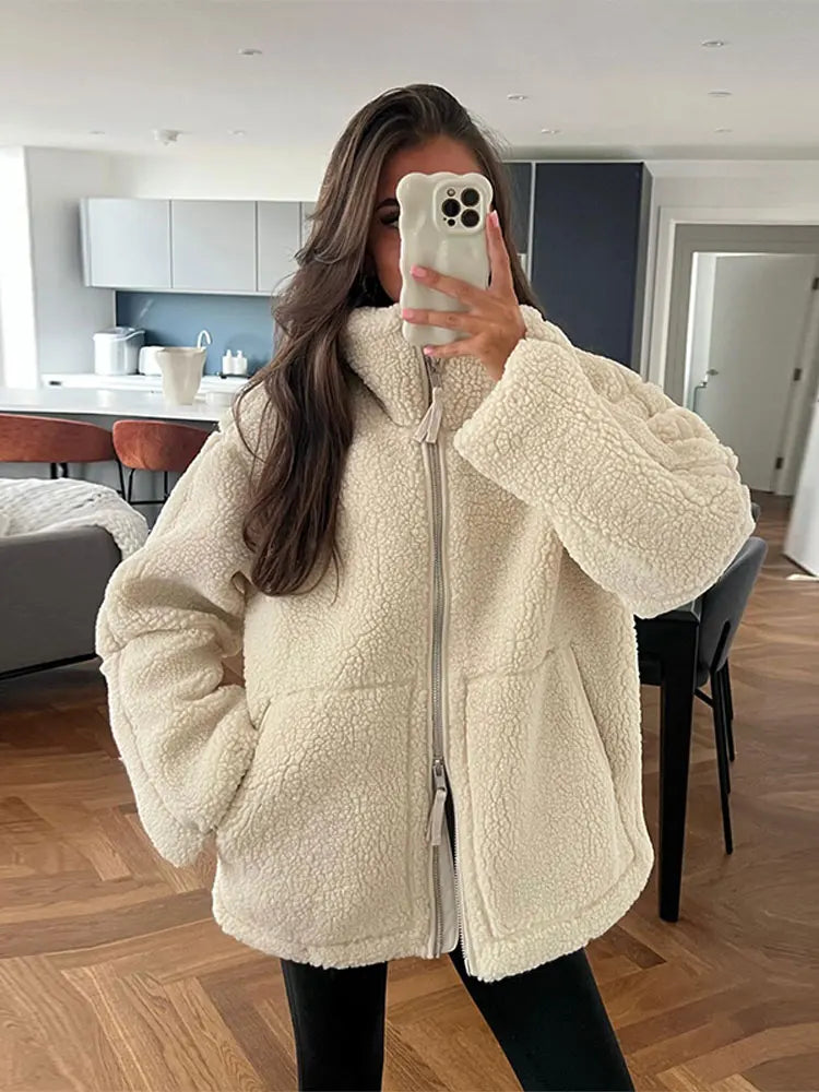 Loose Lamb Wool Coat For Women Fashion Long Sleeves Zipper Pocket Warm Jackets 2023 Winter Female Casual High Street Outwear