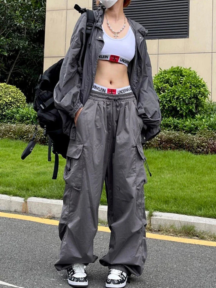 warmmeta Y2K Parachute Black Pants Women Hippie Streetwear Oversize Pockets Cargo Trousers Harajuku Wide Leg Baggy Sweatpants