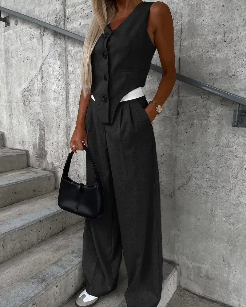 Summer Autumn Two Piece Set for Women  Fashion Sleeveless Striped Vest Blazer Top and Ruched Wide Pants Set for Office Suit