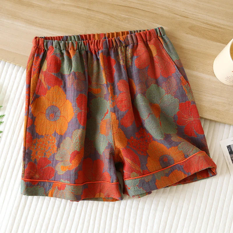 warmmeta-New Summer Women's Pajamas 100% Cotton Shorts Yarn-dyed Jacquard Shorts Women's Loose Home Pants Thin Home Pants Pajamas