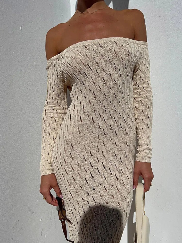 Hollow Out Off Shoulder Knitted Long Dress for Women Sexy Hip Package Empire Female Dresses 2024 Spring Summer Lady Outwear