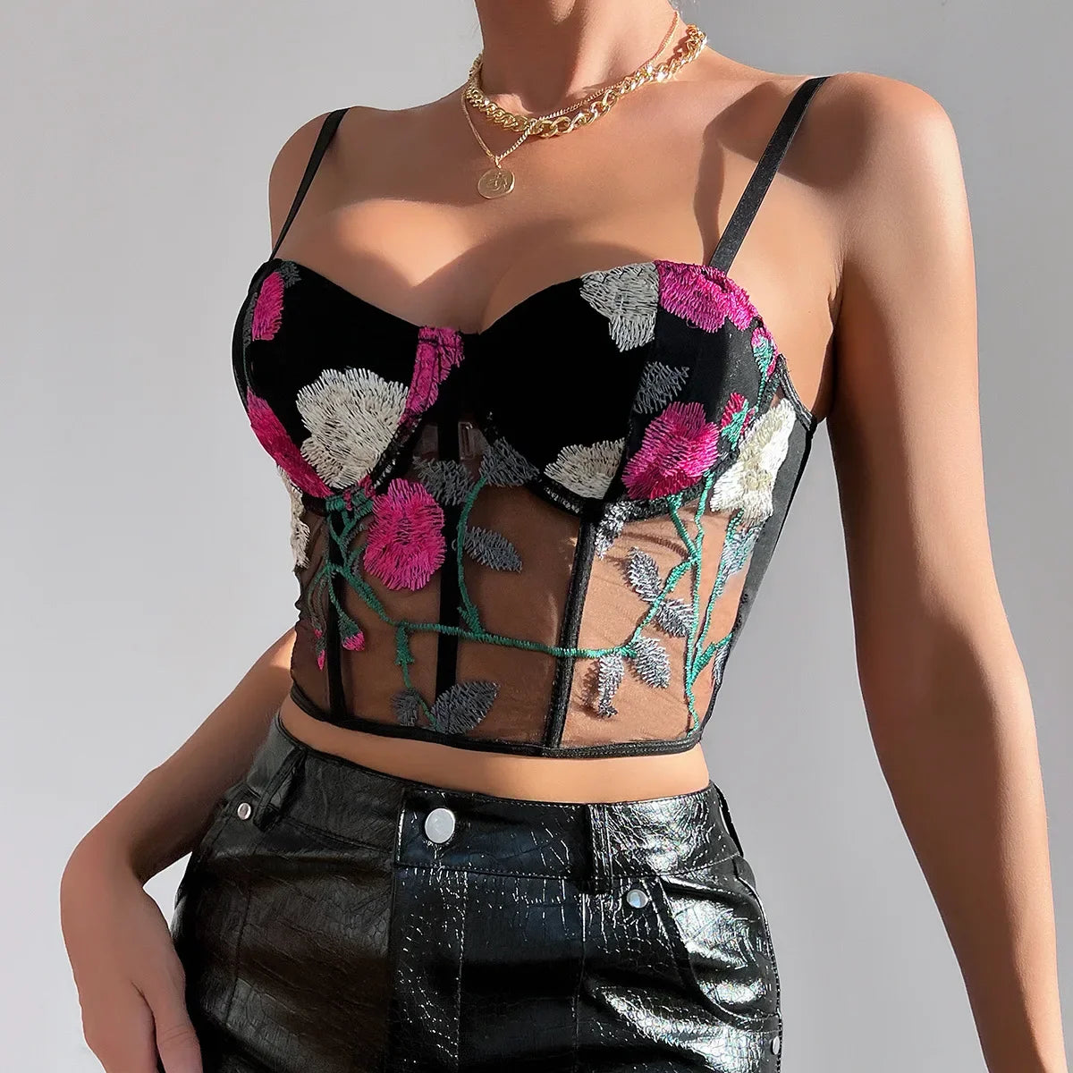 Women Mesh Hollow Out Sexy Crop Tops Flower Embroidery Sweet Tank Top Spaghetti Camis Streetwear Tube Top Spring Summer