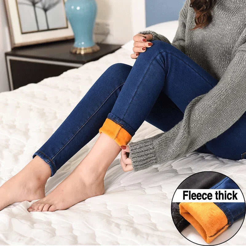 Warm Winter Size Slim Jeans Women Advanced Stretch Cotton Denim Pants Thick Fleece Student Trousers Blue Black Gray