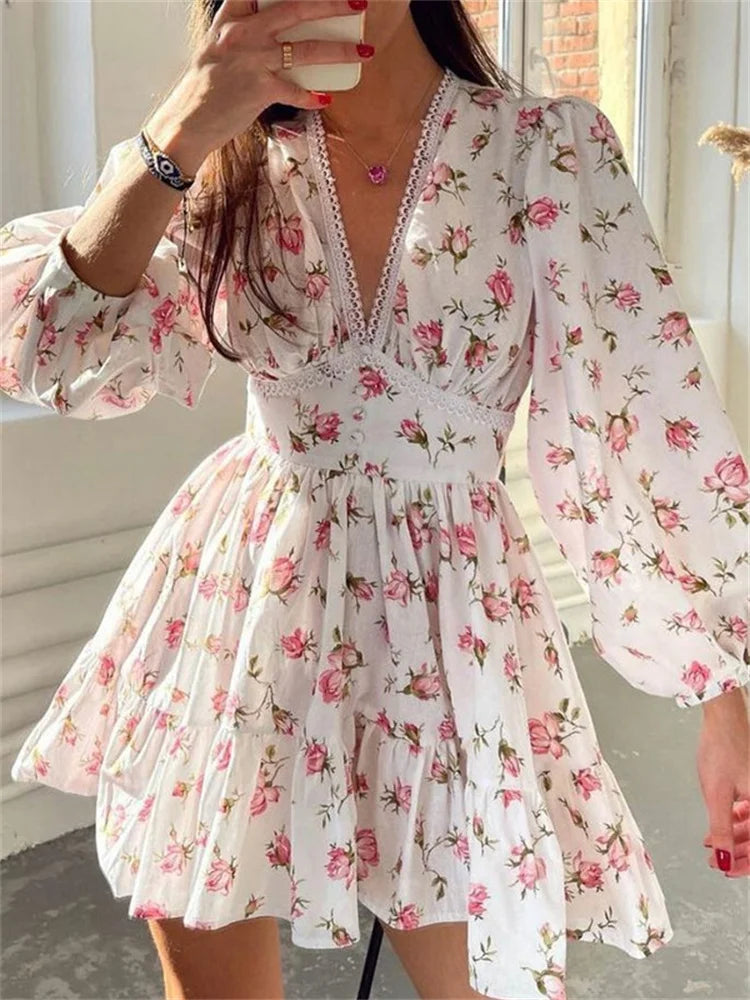 Elegant Women Floral Print Short Mini Dress Long Lantern Sleeve Deep V Neck High Waist A-Line Dresses Female Vestidos