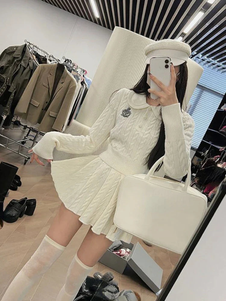 warmmeta 1 Autumn Preppy Style Knitted Clothing Suit Woman Slim Kawaii Swearter Tops Casual Y2k Mini Skirt Woman Fashion 2 Piece Set