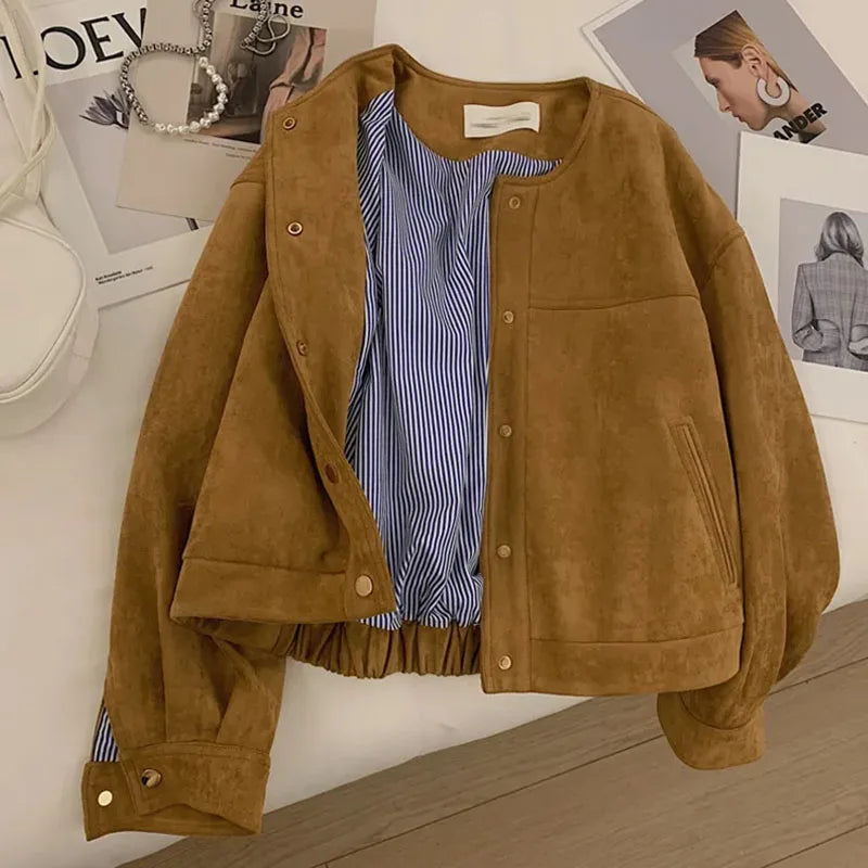 Suede Short Jacket Women Korean Camel Fashion Long Sleeve Flight Suit Harajuku Single Breasted Loose Tops Female Vintage Coats