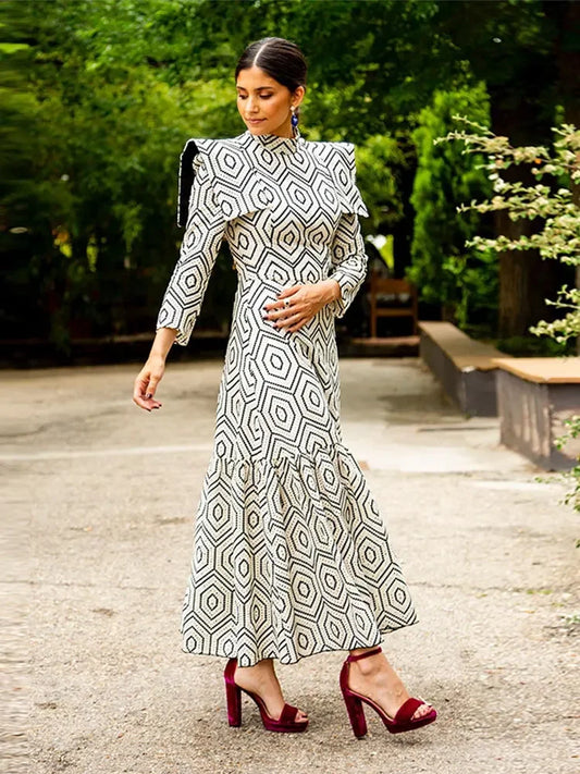 Fashion Vortex Line Print Maxi Dress For Women Elegant High Collar Cinched Waist Long Sleeve Robe Office Lady Commuter Vestidos