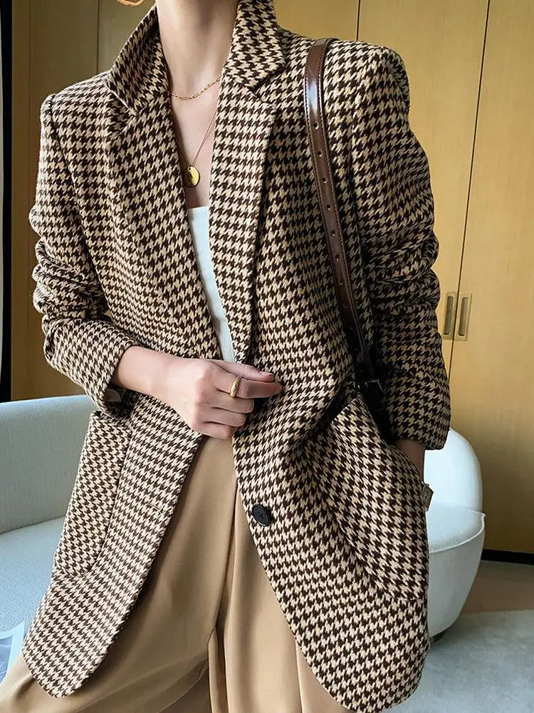 Autumn Women Vintage Houndstooth Woolen Blazer Jackets Fashion Elegant Casual Outerwear Coat With Belt Female Cardigan Clothes