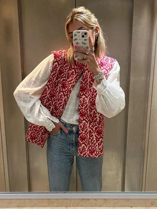 warmmeta Women Printed Embroidery Reversible Vest Jacket Vintage National Style Casual Patchwork Vests Elegant Streetwear Waistcoat