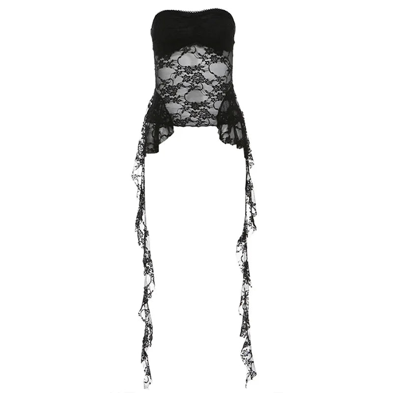 2024 Summer Harajuku Y2k Aesthetic Black Tanks Korean Sexy Lace Cropped Vest Tops Women Streetwear Backless Grunge Camisoles