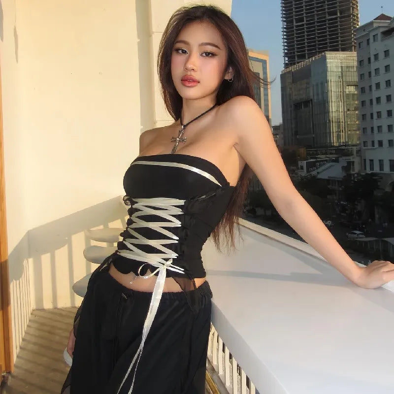 Sexy Bandage Strapless Tank Top Y2K Women Summer 90s E Girl Crop Top 2023 Sleeveless Slim Tube Corset Tops Lace Up Fringe Tops