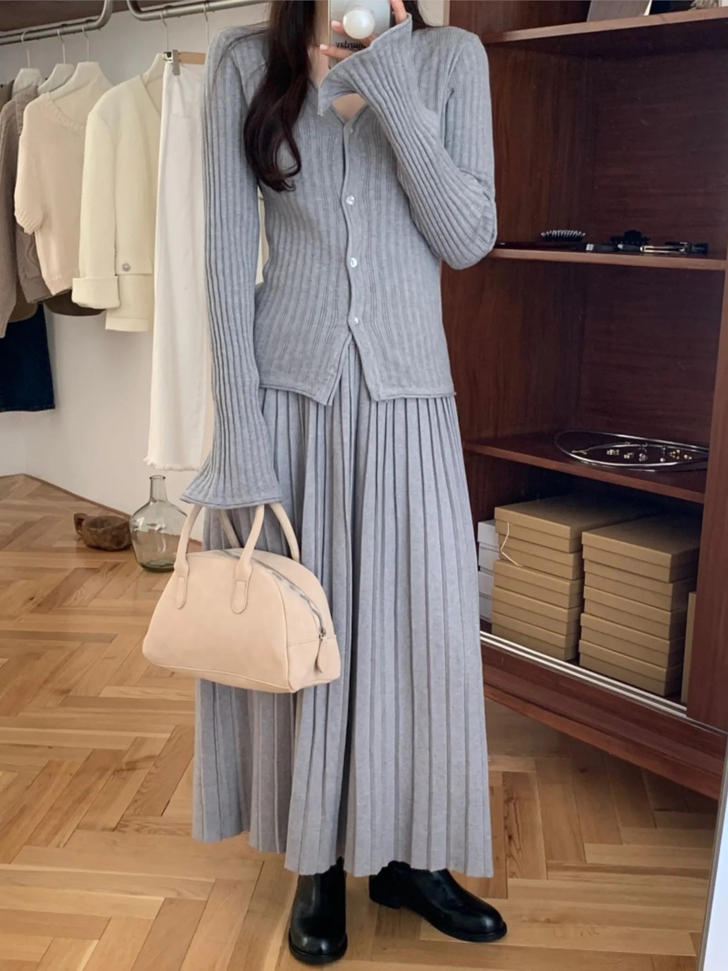 Autumn New Pleated Skirt Suit Women Korean Simple Knitted Top High Waist Skirt 2 Piece Set Winter Office Lady Elegant Outfit