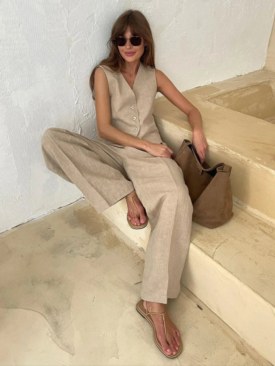 Chic Womem Linen Cotton Vest ＆ Pants Suit Two-Piece Set Office Ladies Summer Casual 2 Piece Sets Womens Outfits Streetwear