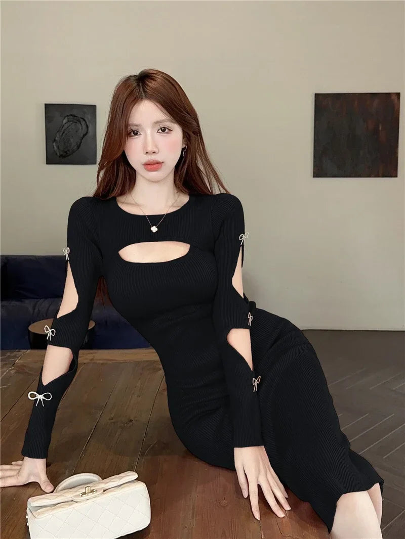 warmmeta Girl O-Neck Long-sleeved Dress Women's Autumn/Winter Hollow Out Slim Fit Sexy Wrapped Hip Knitted Dress Female Clothes