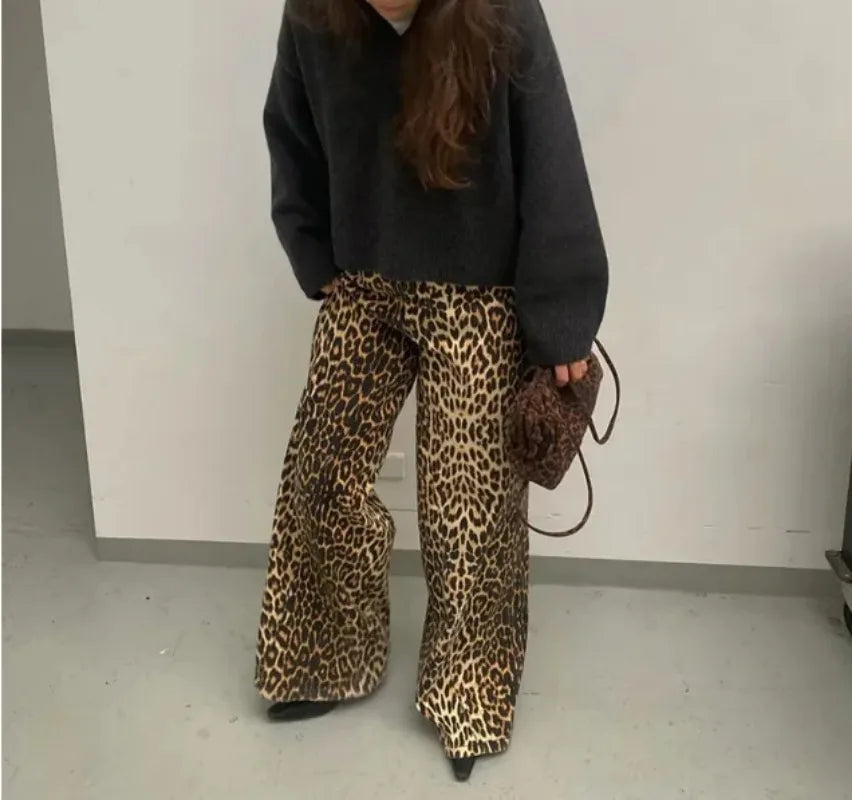 Picsgirl -  Fashion Leopard Print Straight Leg Jeans American Retro Street Overalls for Men and Women Harajuku Hip Hop Floor Mopping Pants