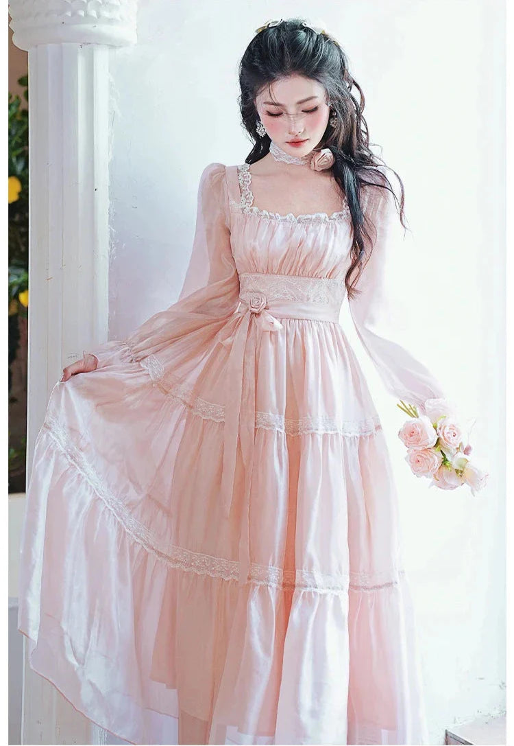 Rosepetal River Fairycore Princess Dress with Choker Necklace