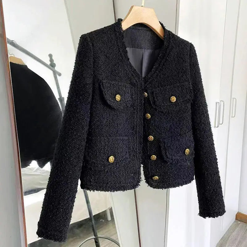 Spring Autumn Women's Jacket Tweed Blazer Vintage Long Sleeve Button Korean Chic Short Coat Black Office Lady Clothing New