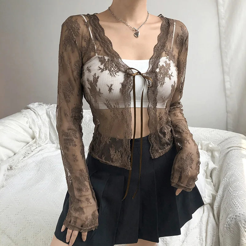 White Autumn T-shirt For Women New Long Sleeves Lace-up Lace Sexy Crop Top Floral Fashion T-shirs Female Streetwear Slim Tops