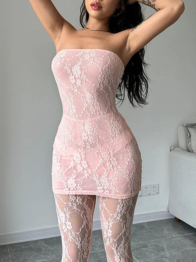 PICSGIRL -  White Mini Dresses Women Sexy Lace See Through Strapless Dress With Leggings Female Elegant Fashion Party Club Bodycon Jumpsuits