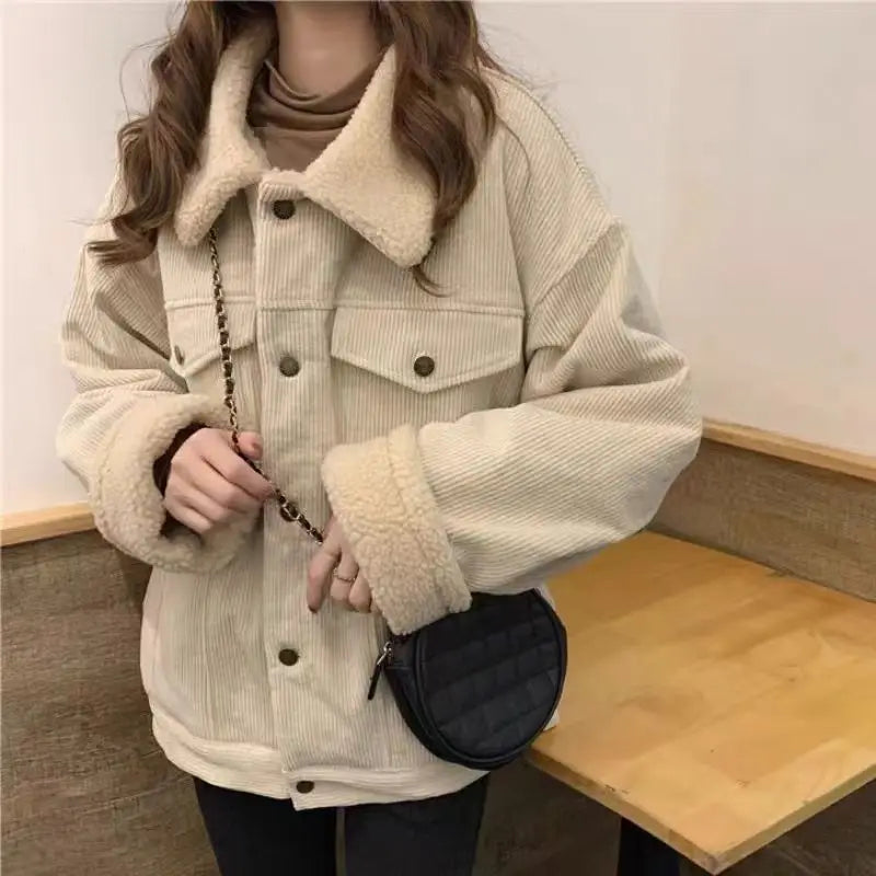 Corduroy jacket for women autumn and winter new Korean style loose lamb wool plus velvet student corduroy top trendy coat