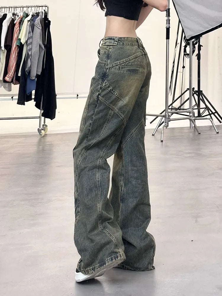 warmmeta 2 New Design Denim Wide Leg Pants High Waist Fashion Full Length Jeans Show Thin Classical Trousers Korean Retro Trend Streetwear