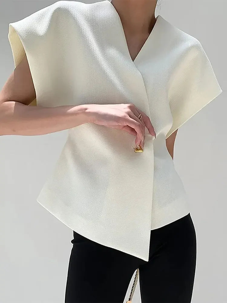 Spring Chic Solid Button Vest For Ladies Fashion V-neck Short-sleeved Slim-fit Vests 2024 Women Elegant All-match Streetwear