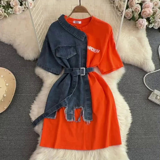 Vintage Patchwork Denim Shirt Dress With Belt Fashion O-Neck Spring/Summer  New Women's Casual Mid-Length Letter Top Tee