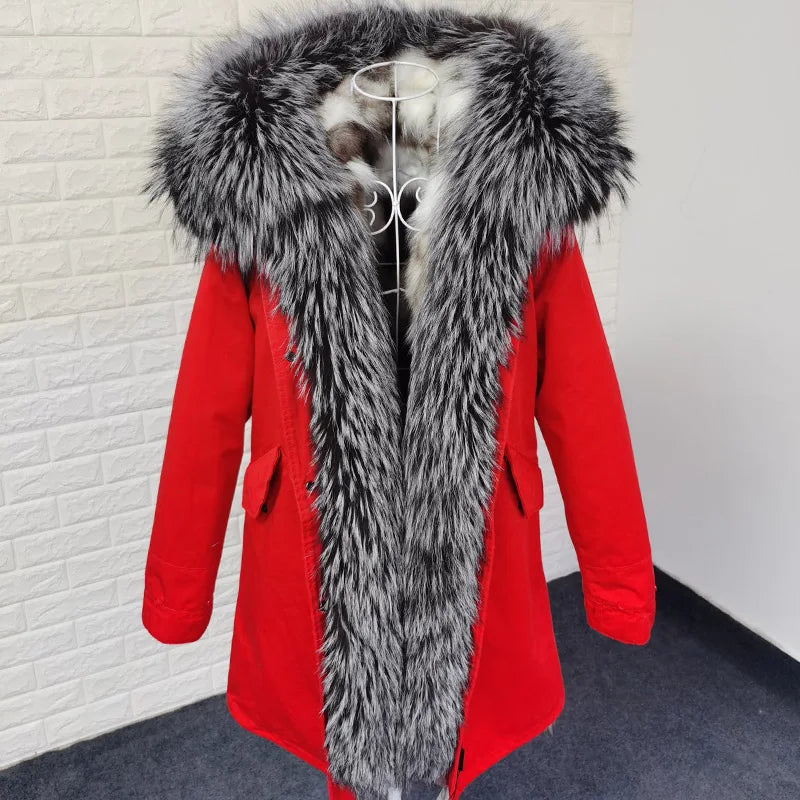 MaoMaoKong 2023 NEW Real Fur Coat Hooded Woman Winter Parkas Natural Fox Fur Collar Warm Jacket Removable Lining Female Clothing