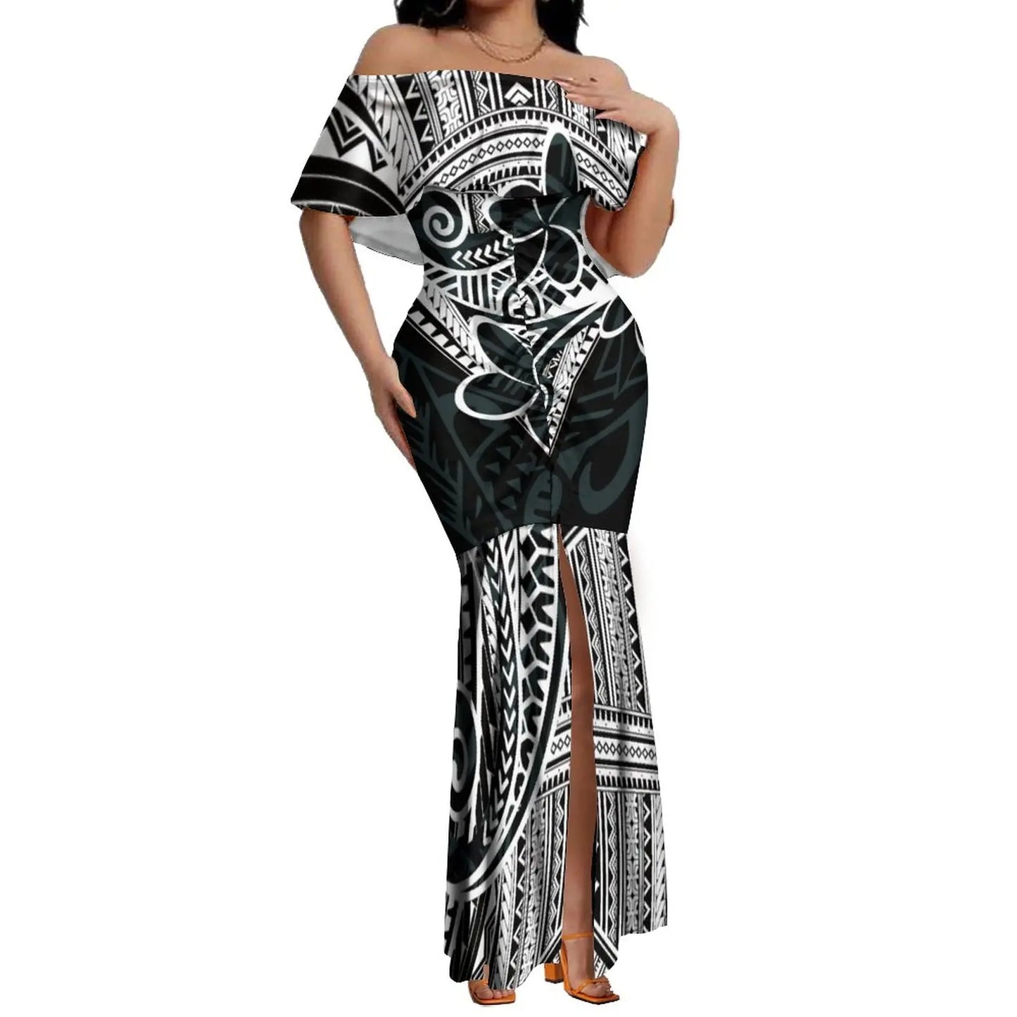 Pacific Island Art Women's Dresses Polynesia Hawaii Retro Style Off Shoulder Split Mermaid Dress