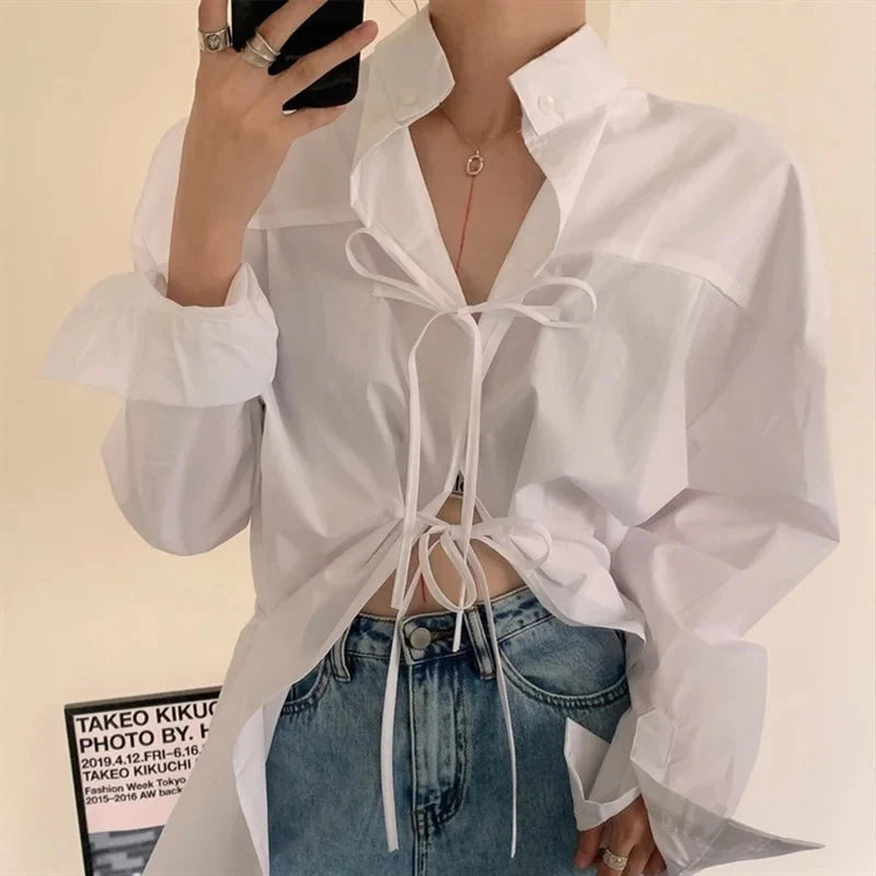 Streetwear White Shirts Women Harajuku Oversized Bandage Long Sleeve Blouses Korean Fashion Elegant Casual Chic Tops Spring New