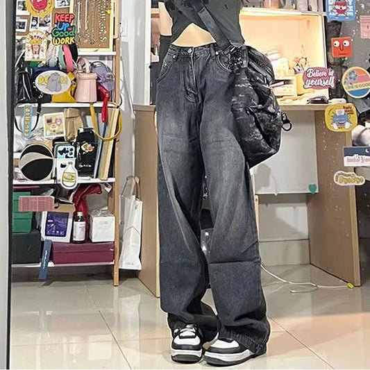 warmmeta Women Vintage Streetwear Black Baggy Korean Jeans High Waiste Oversize Wide Leg Pants Grunge Denim Trousers Y2K Alt Clothes