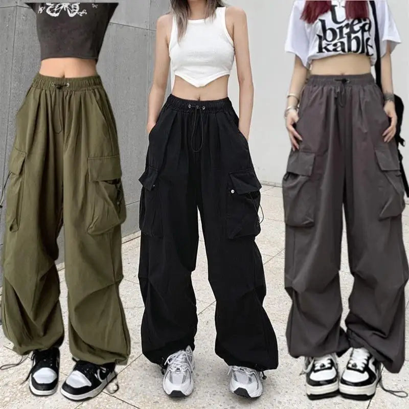 Women Casual Tech Pants Drawstring Black Low Waist Wide Leg Trousers Oversized Sweatpant Baggy Joggers Y2k Streetwear Cargo Pant