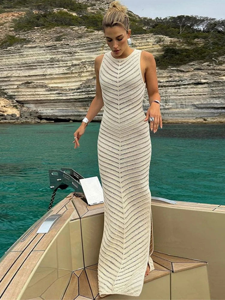 Knitted Sleeveless Beach Dress Autumn Elegant Sexy Side Split See Through Long Floor Length Vestidos Women Vacation Robe