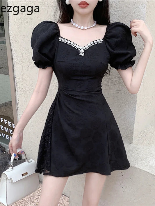 warmmeta Woman Dress V Neck Diamonds Puff Short Sleeve Flowers Lace Patchwork Vintage Korean Fashion Elegant Dresses Sexy