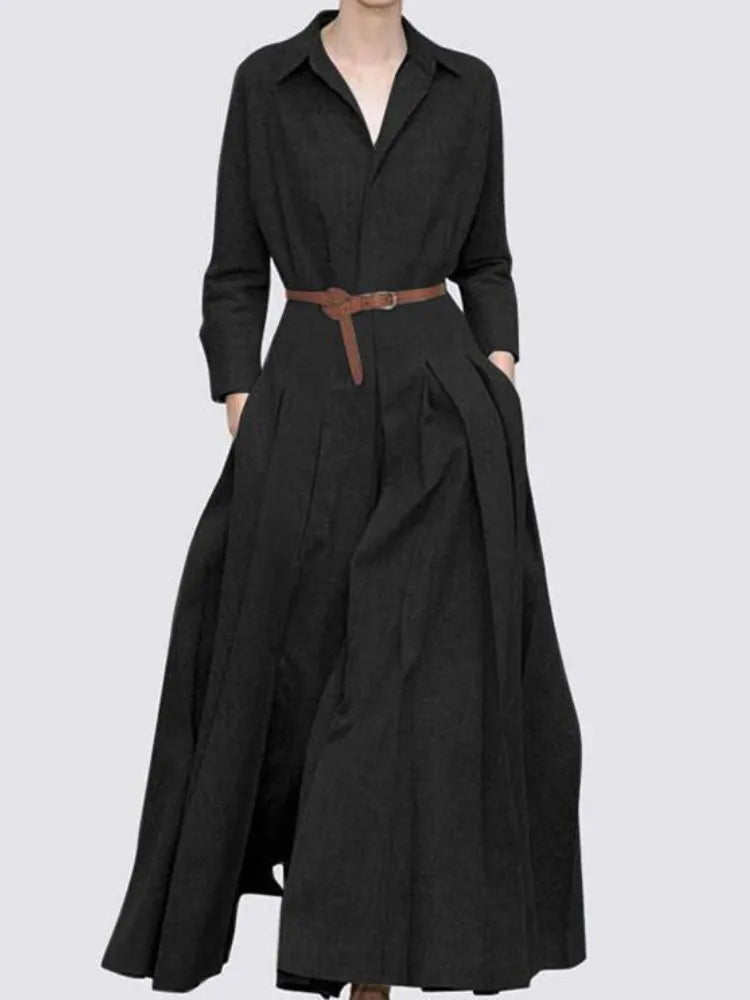 New 2023 Spring Summer Women's Long Skirt Fashion Long Sleeve Lapel Pleated Dress Office Lady  Solid Color Dress for Women Robe