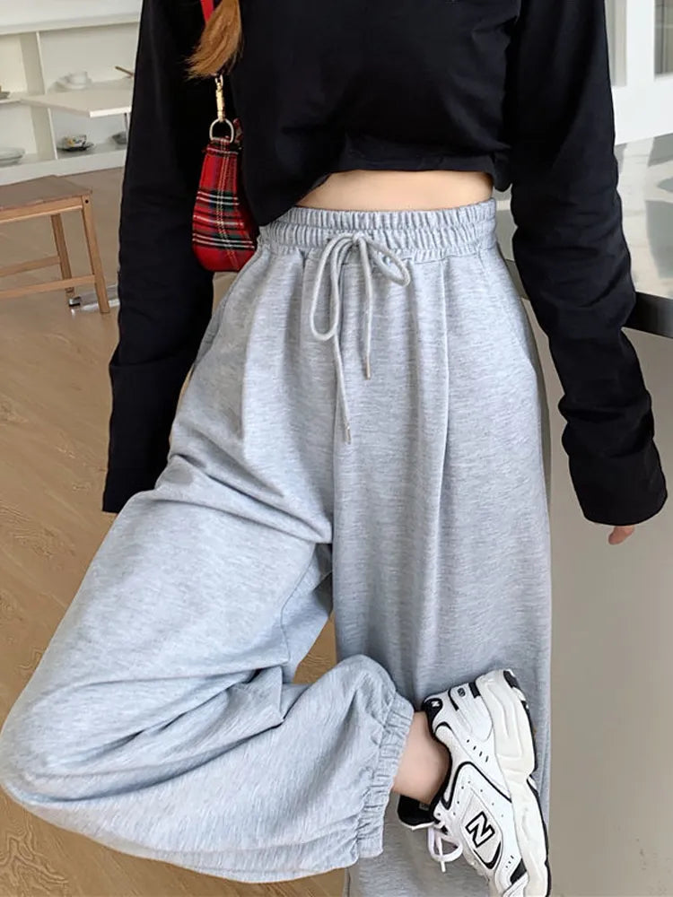 HOUZHOU Gray Sweatpants for Women 2022 Autumn New Baggy Fashion Oversize Sports Pants Balck Trousers Female Joggers Streetwear