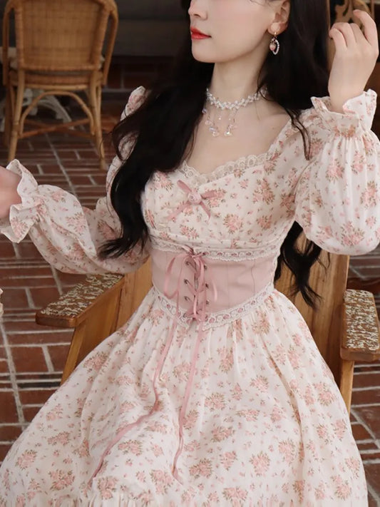 warmmeta-Spring Pink Floral Elegant Dress Women Bandage Lace Print Sweet Vintage Dress Puff Sleeve Kawaii Dress Women Princess Fairy