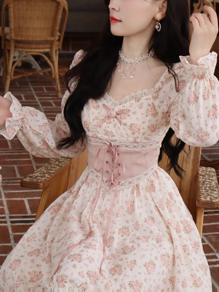 Pink Floral Elegant Dress Women Bandage Lace Print Sweet Vintage Dress Puff Sleeve Kawaii Dress Women Princess Fairy