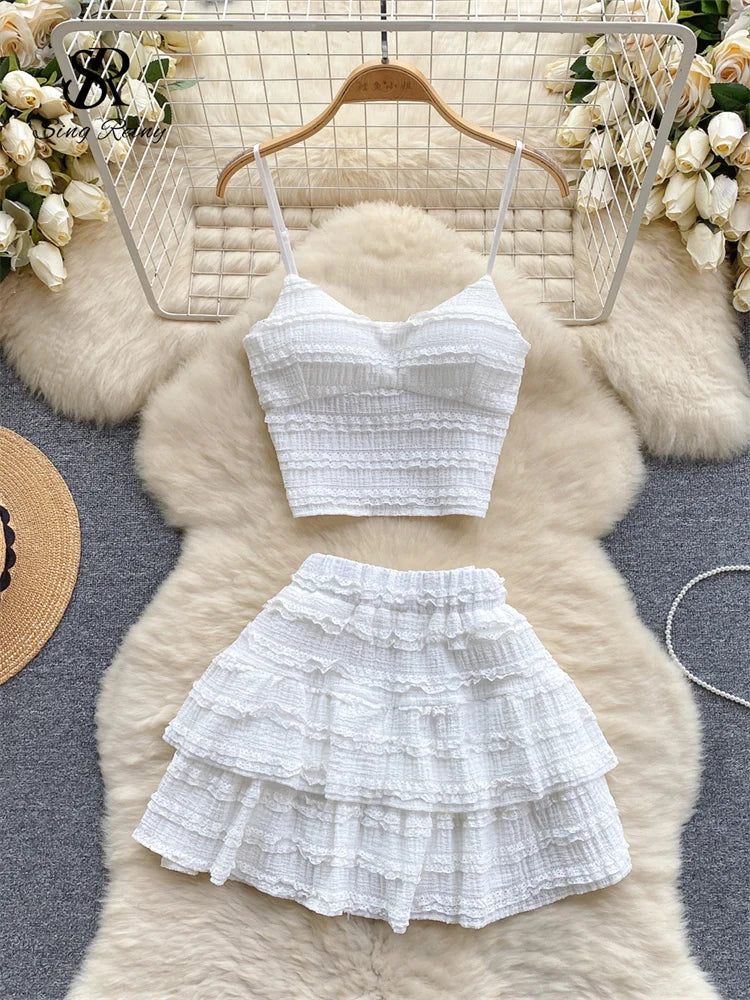 Sweet Ruched Two Pieces Sets V Neck Strap Crop Tops+Short Pleated Skirt Women Korean Style Chic Summer Beachwear Suits