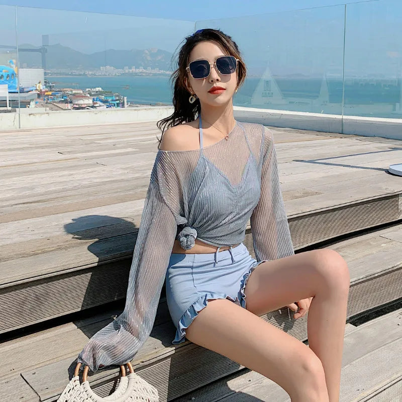 Women Fantasie High Waist 3 Piece Cover Up Swimwear Swimsuit Korean Style Vacation Swim Beach Wear Cardigan Bathing Suit