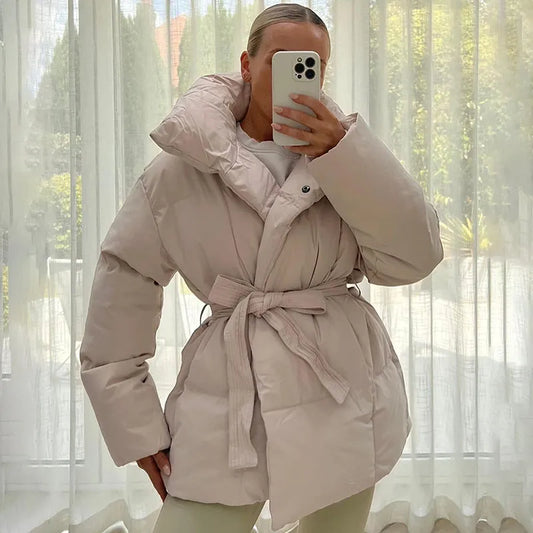 Malina Winter Thick Stand Collar Parkas Women Fashion Tie Waist Coats Women Elegant Solid Short Padded Jackets Female Ladies