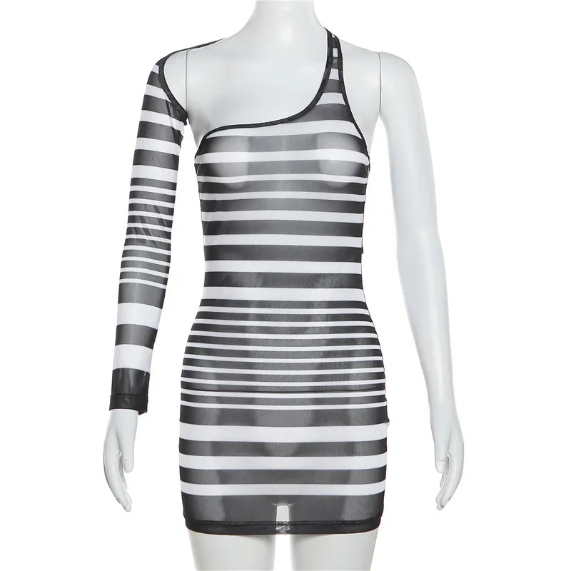 Sexy Zebra Stripes Women Dress Asymmetrical Skew Collar Backless Sheer Club Rave Partywear Summer Fashion Contrast Color Bodycon