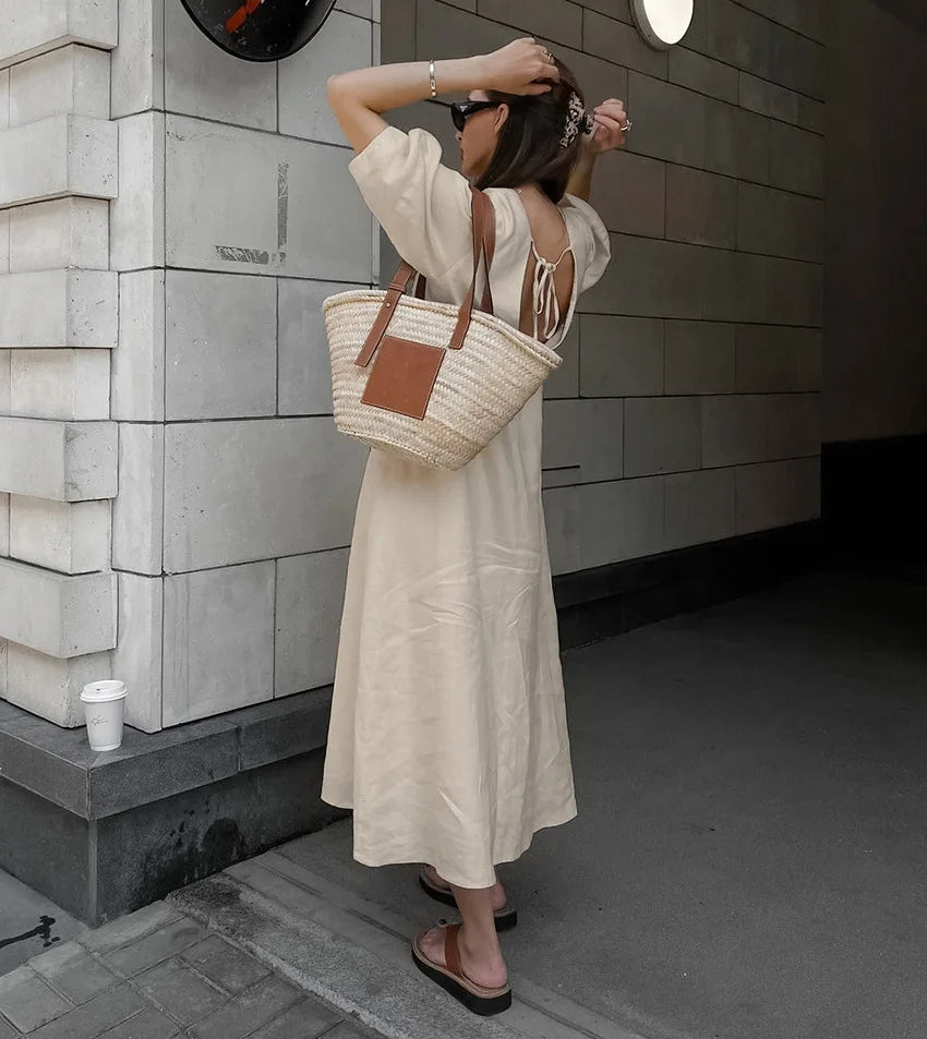 Picsgirl Cotton And Linen Solid Midi Dresses 2024 New Spring V-neck Lace-up Puff Sleeve Backells Long Dress Women Summer Casual Vestidos