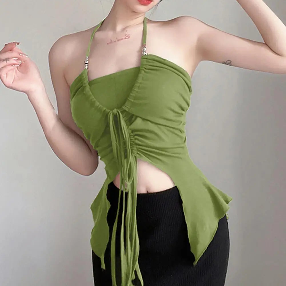 Summer Sexy Babes Tank Top Drawstring Shirring Backless Irregular Hem Crop Top Solid Color Halter Sling Club Vest Female Clothe