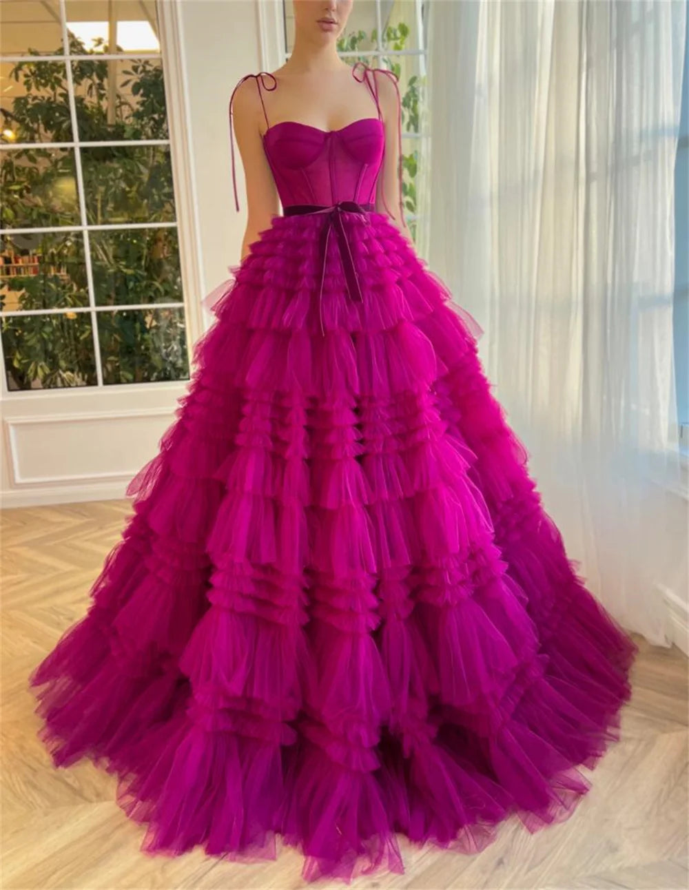 Gorgeous Prom Dress Sexy Spaghetti Strap Fuchsia  Multilayer Tulle A-line Prom Dress Princess Puffy