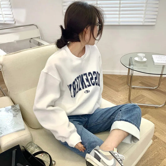 Cotton thin sweatshirt women's autumn new crewneck letter print loose crewneck student top jacket women's clothing